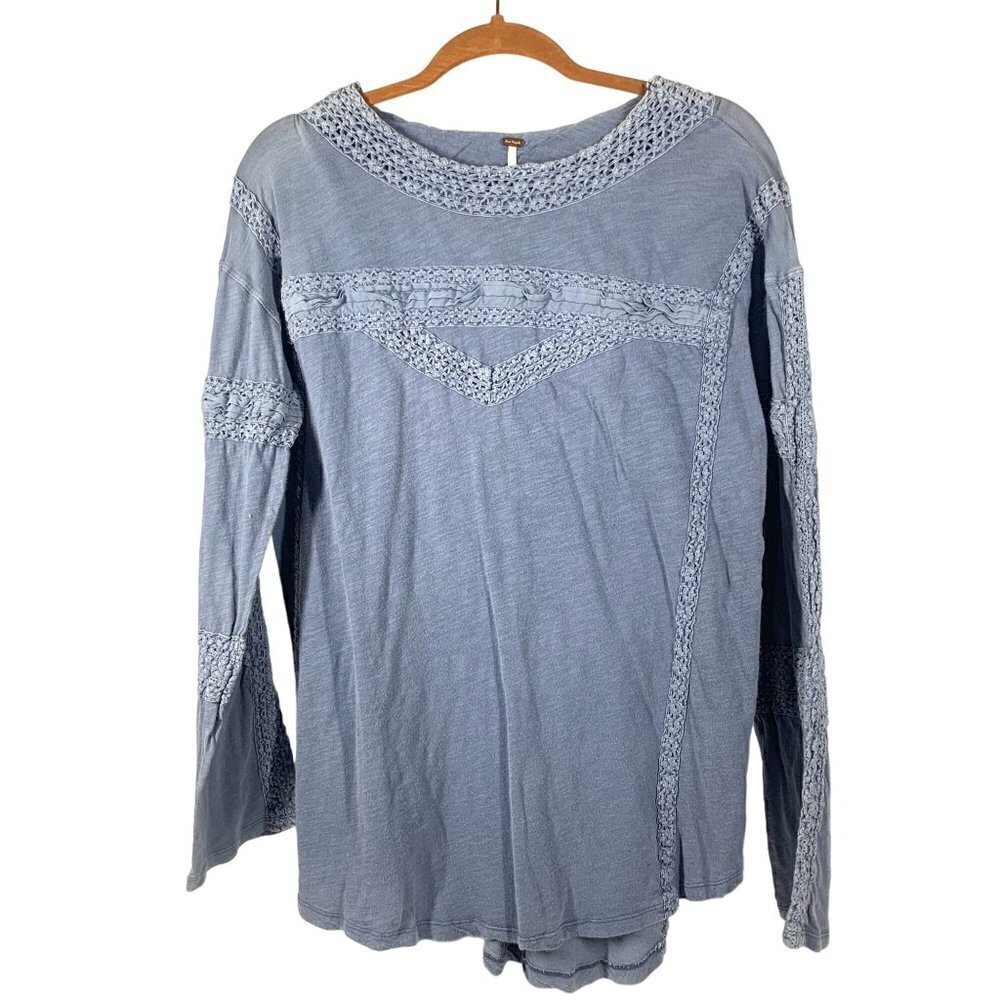 Free People Macrame Peasant Style Long Sleeve Top Slate Blue Size Extra Small